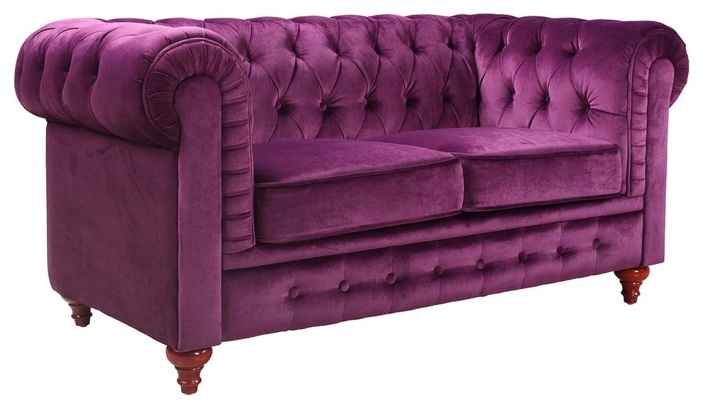 Classic Scroll Arm Chesterfield-Style Loveseat With Tufted, Purple