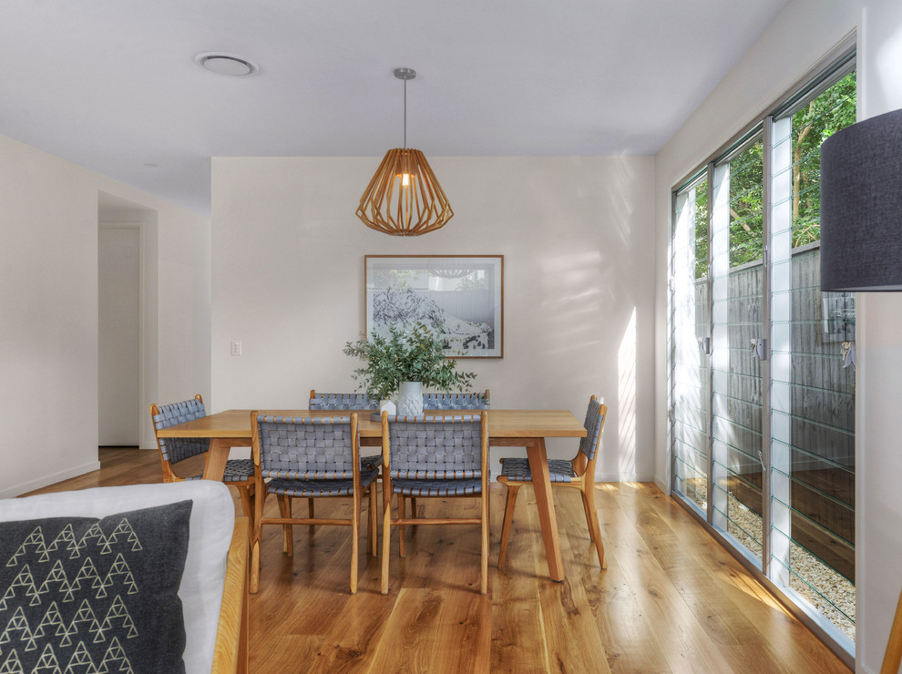 Photo of a transitional open plan dining in Brisbane with white walls and carpet.