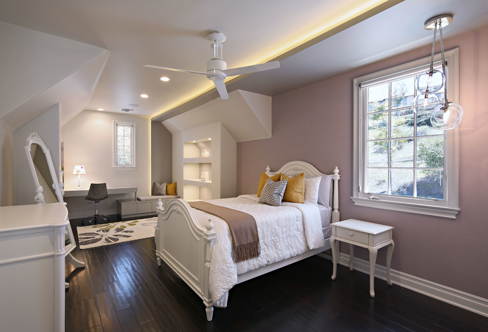 Photo of a large contemporary kids' room for girls in Los Angeles with purple walls, dark hardwood floors and brown floor.