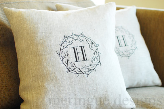 Branches Monogram Linen Pillow Cover by Meringue Designs