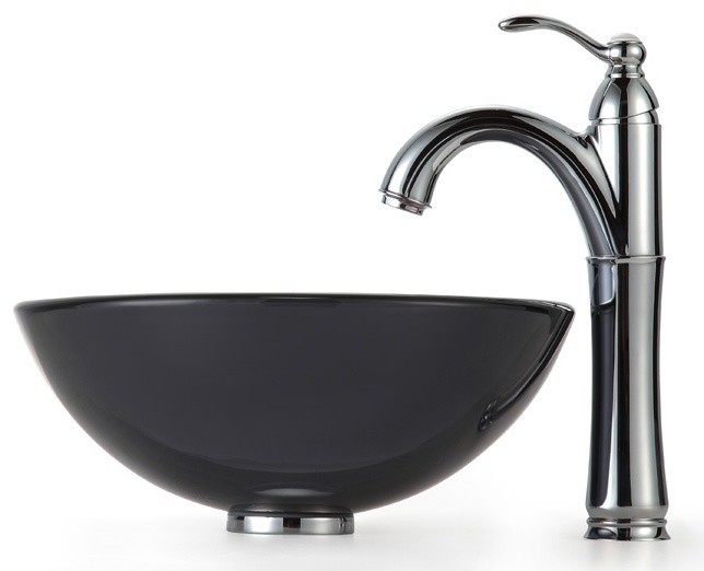 Clear Black 14 in. Glass Vessel Sink & Rivera Faucet, Chrome