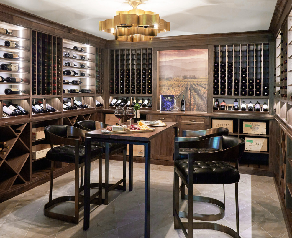 Photo of a large transitional wine cellar in Chicago with display racks and beige floor.