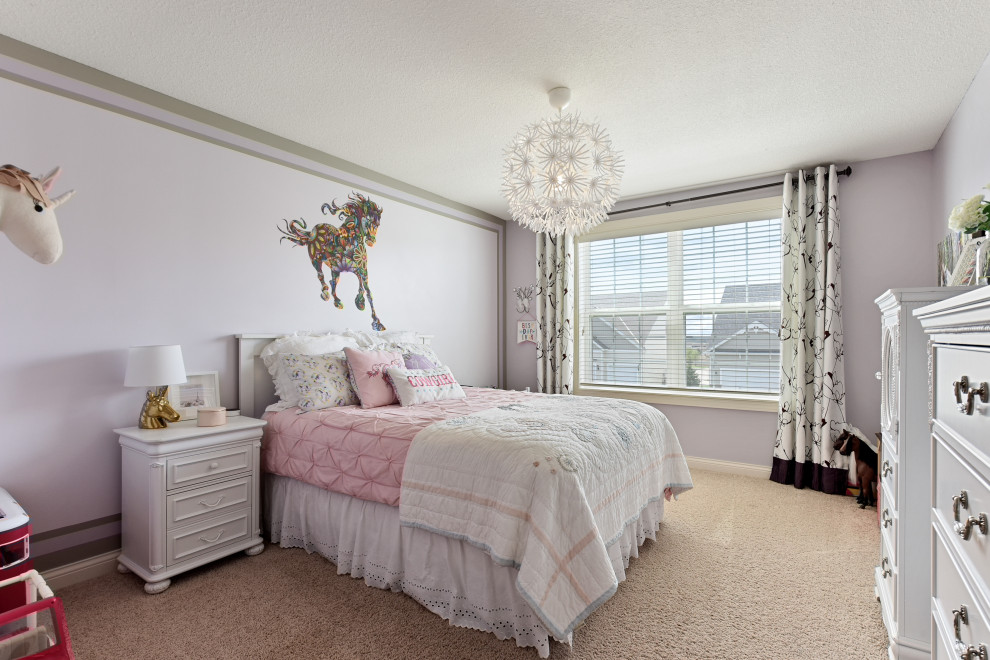 Photo of a transitional bedroom in Minneapolis with purple walls, carpet and beige floor.