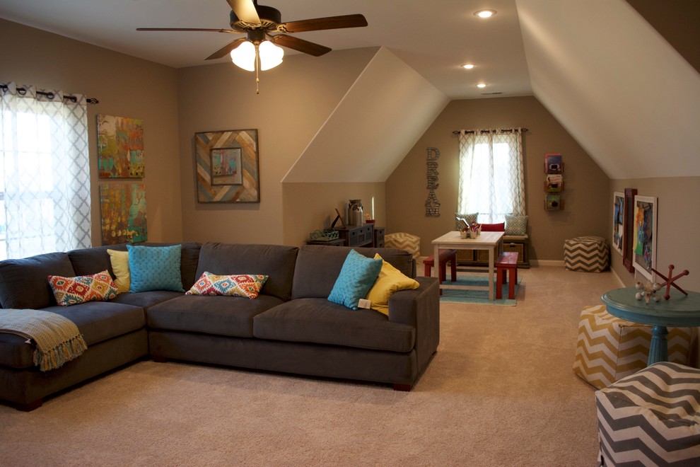 Design ideas for an expansive contemporary open concept family room in Other with beige walls, carpet and no fireplace.