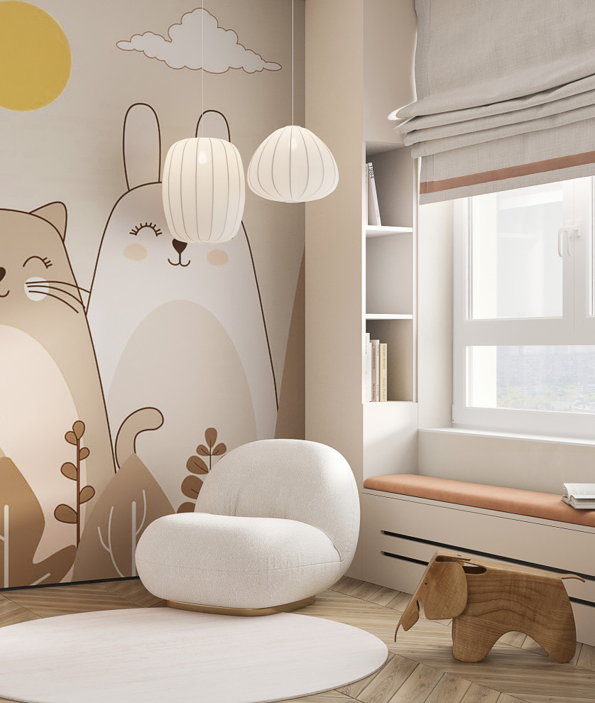 Cette image montre une chambre d'enfant de 4 à 10 ans design de taille moyenne avec un mur beige, sol en stratifié, un sol beige, un plafond décaissé et du papier peint.