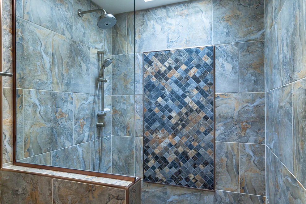 Inspiration for a mid-sized transitional master gray tile and porcelain tile porcelain tile and brown floor walk-in shower remodel in Phoenix with shaker cabinets, dark wood cabinets, a one-piece toilet, beige walls, an undermount sink, granite countertops and beige countertops