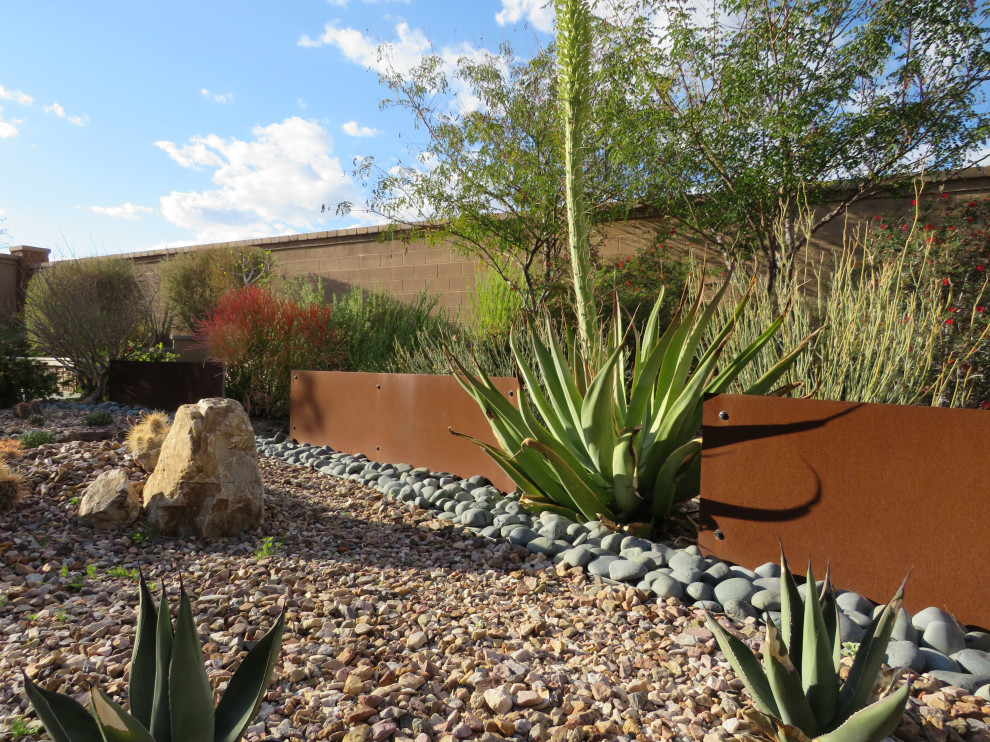 Cette image montre un jardin arrière minimaliste de taille moyenne et au printemps avec des pavés en béton et une exposition ensoleillée.