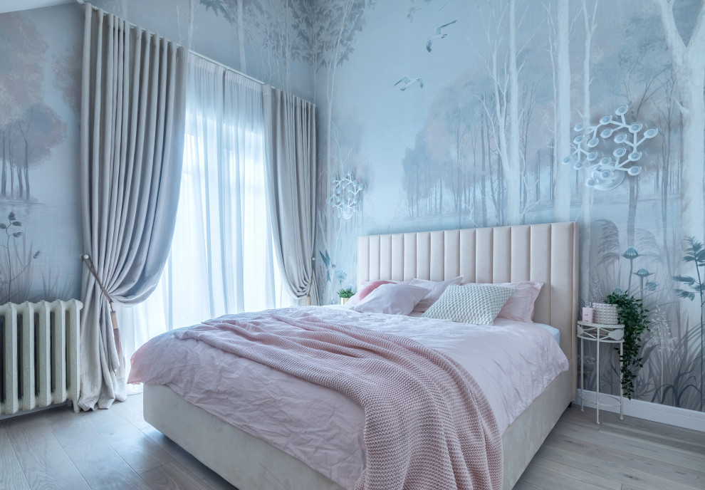This is an example of a transitional master bedroom in Moscow with grey walls and beige floor.