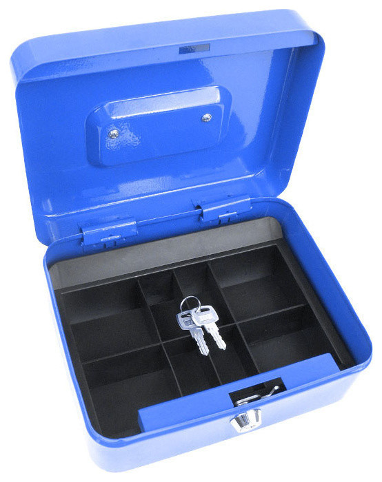 Stalwart 8 Inch Key Lock Blue Cash Box with Coin Tra