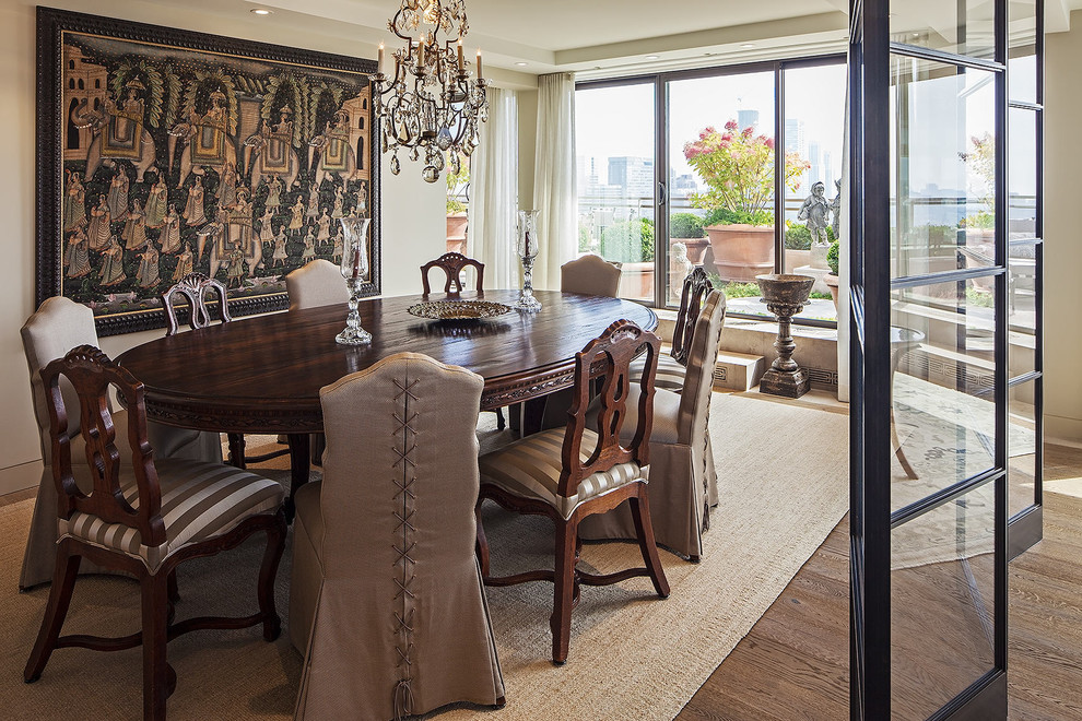 Photo of a traditional dining room in Toronto with beige walls and dark hardwood floors.