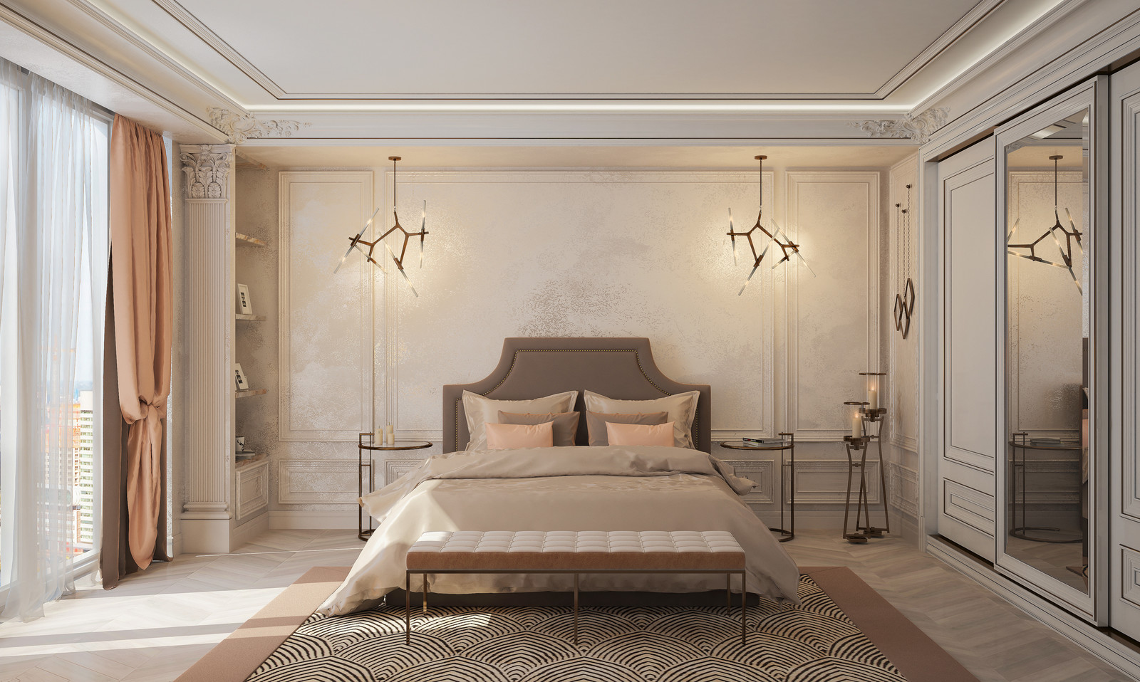 Спальня в спокойных тонах со сдержанным декором