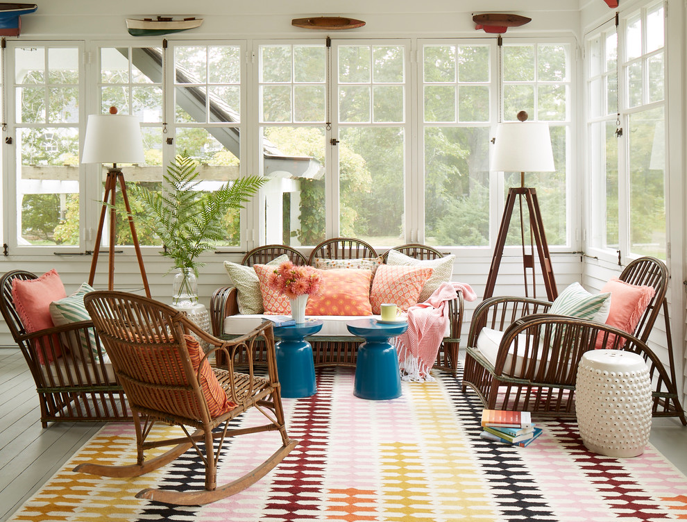 Design ideas for a mid-sized beach style sunroom in Portland Maine with painted wood floors and grey floor.