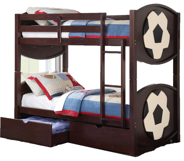 Soccer Twin Twin Bunk Bed Espresso Pine Wood And Plywood Espresso Home Design