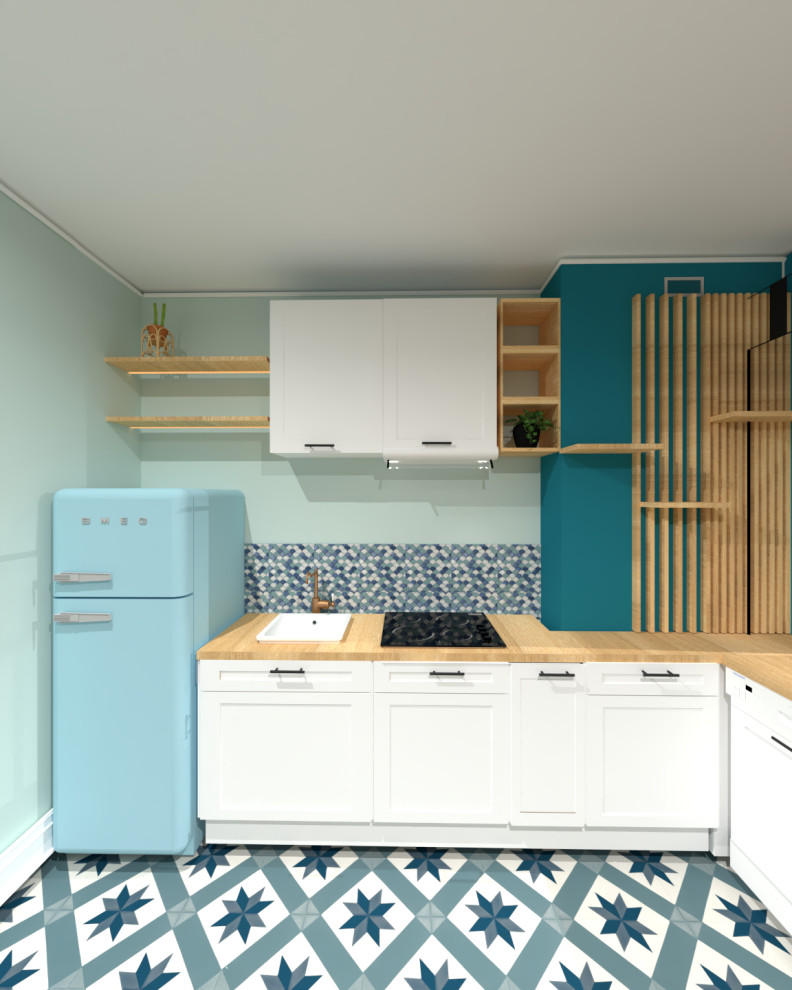 Bild på ett mellanstort funkis kök, med en enkel diskho, vita skåp, laminatbänkskiva, flerfärgad stänkskydd, stänkskydd i mosaik, integrerade vitvaror, vinylgolv, en köksö och turkost golv