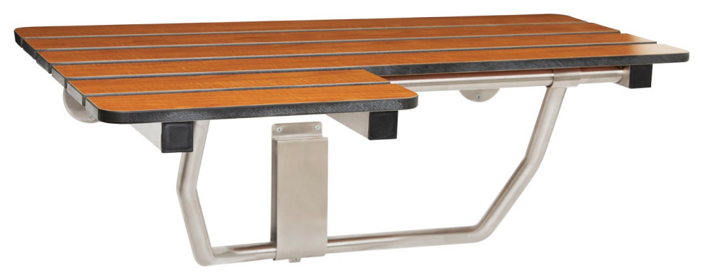 Teak Phenolic Wall-Mount Folding Transfer Bench Shower Seat, Right-Handed, 28"