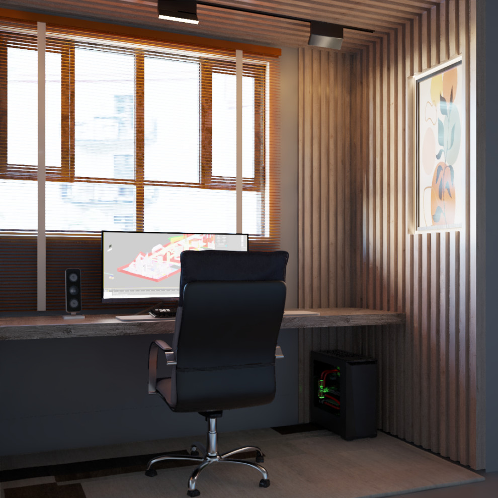 Foto de despacho rural pequeño con paredes grises, suelo vinílico, escritorio empotrado, suelo beige, machihembrado y madera