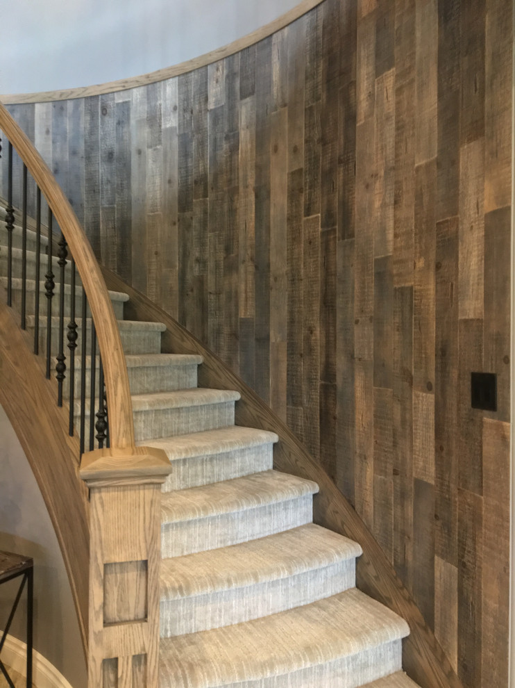 Inspiration pour un escalier courbe design en bois de taille moyenne avec des marches en moquette, des contremarches en moquette et un garde-corps en matériaux mixtes.
