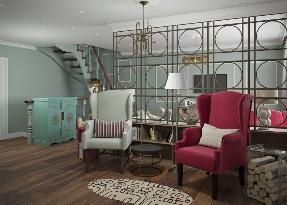 "Игра в классики" интерьер загородного дома. Гостиная, зона библиотеки с камином