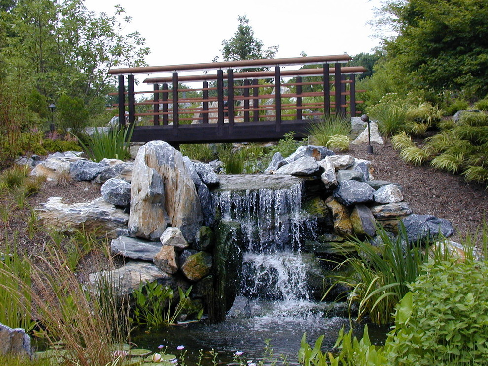 Design ideas for a large asian partial sun garden in DC Metro with a water feature.