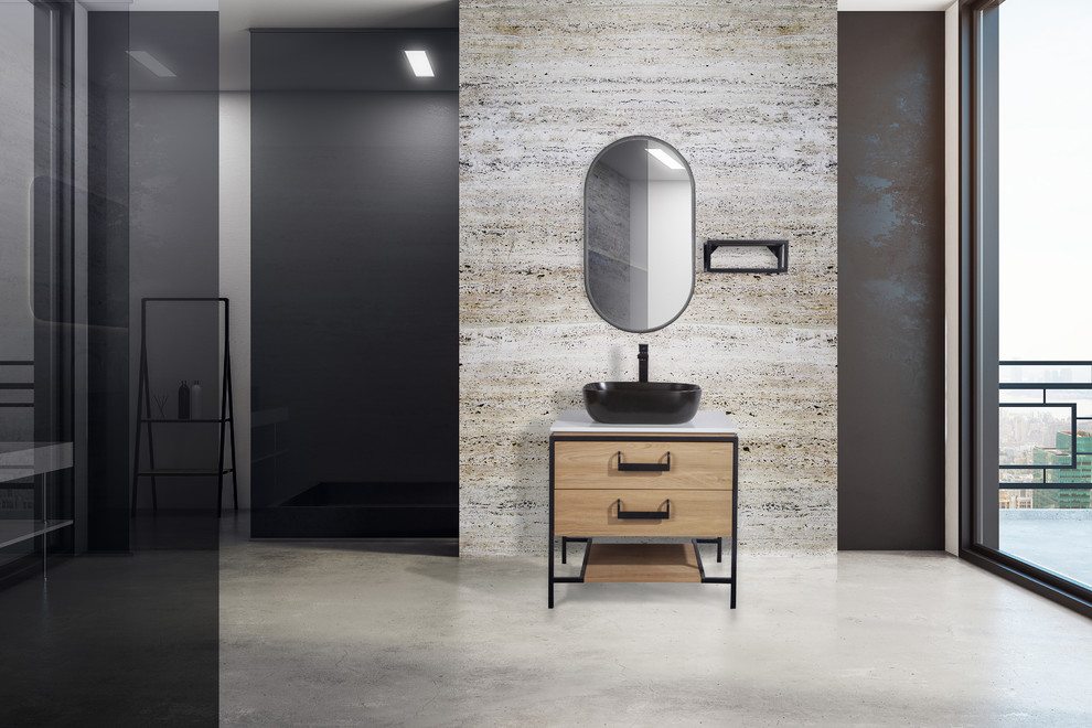 Design ideas for an industrial bathroom in Miami with flat-panel cabinets, light wood cabinets, a vessel sink, solid surface benchtops and white benchtops.