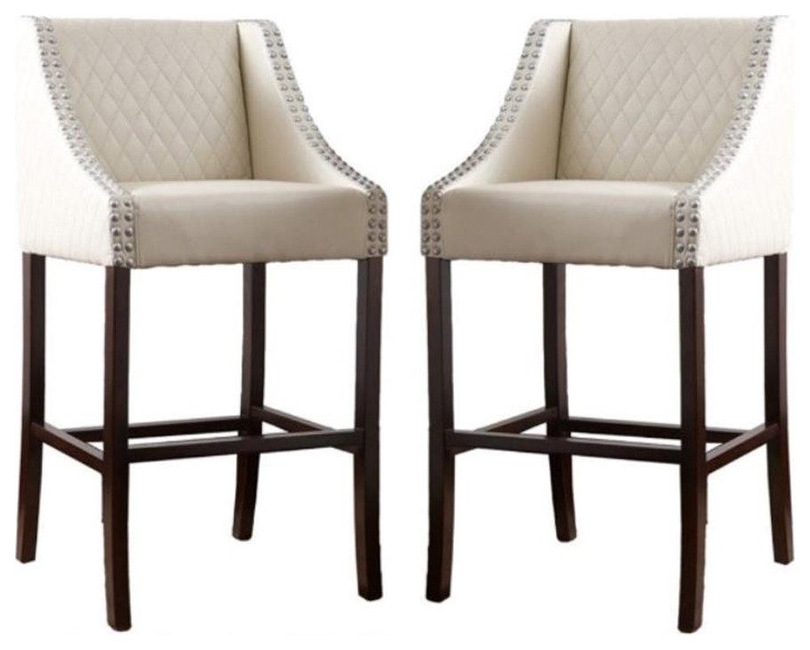 Home Square 28" Bonded Leather and Wood Bar Stool in Ivory Set of 2