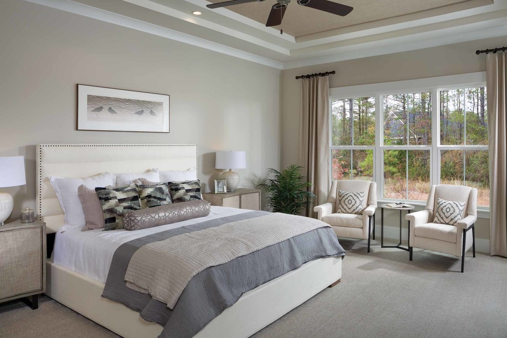 Photo of a beach style master bedroom in Other with grey walls, carpet and grey floor.