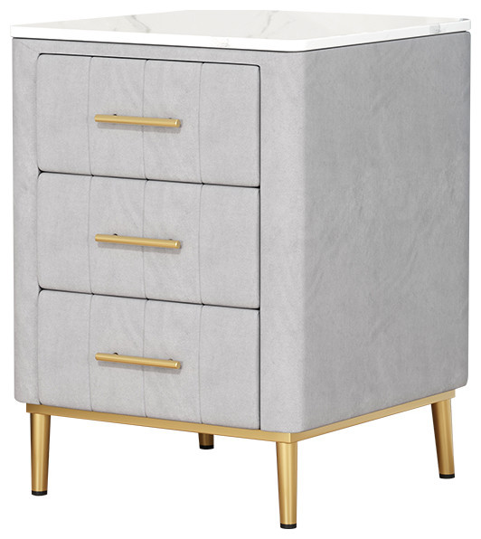 Modern Nightstand Gray Velvet Upholstered Bedside Table 3 Drawers With