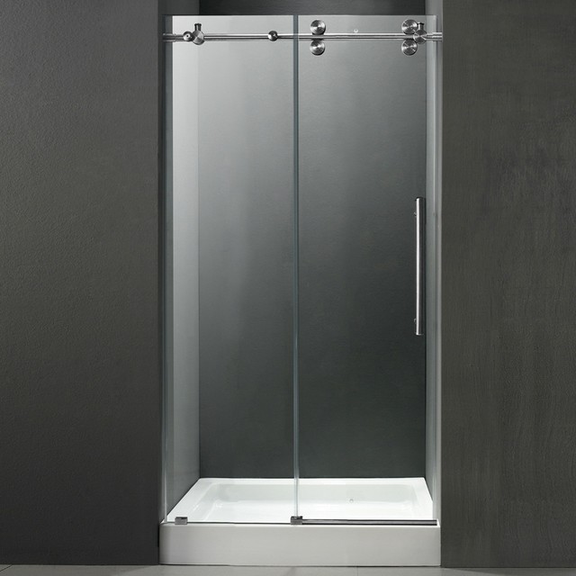 48" Frameless Shower Door 3/8" Clear/Stainless Steel Hardware with White Base -
