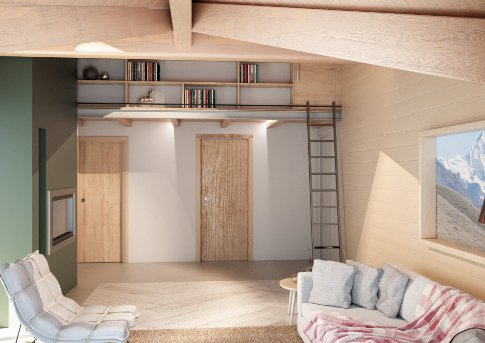 На фото: гостиная комната в стиле модернизм с деревянным полом, камином, телевизором в углу и балками на потолке с