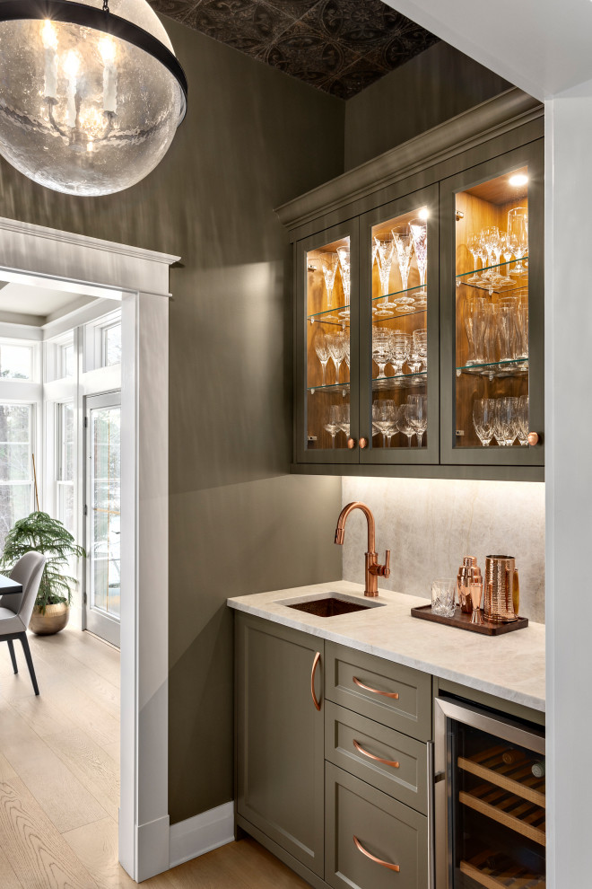 Small transitional galley medium tone wood floor and brown floor kitchen pantry photo in Other with an undermount sink, shaker cabinets, green cabinets, quartz countertops, multicolored backsplash, quartz backsplash, stainless steel appliances and no island