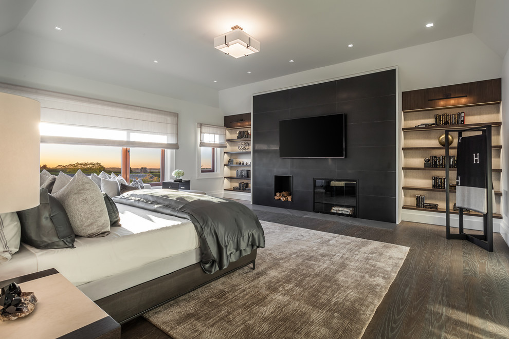 Inspiration for a large contemporary master bedroom in New York with white walls, dark hardwood floors, a standard fireplace and a stone fireplace surround.