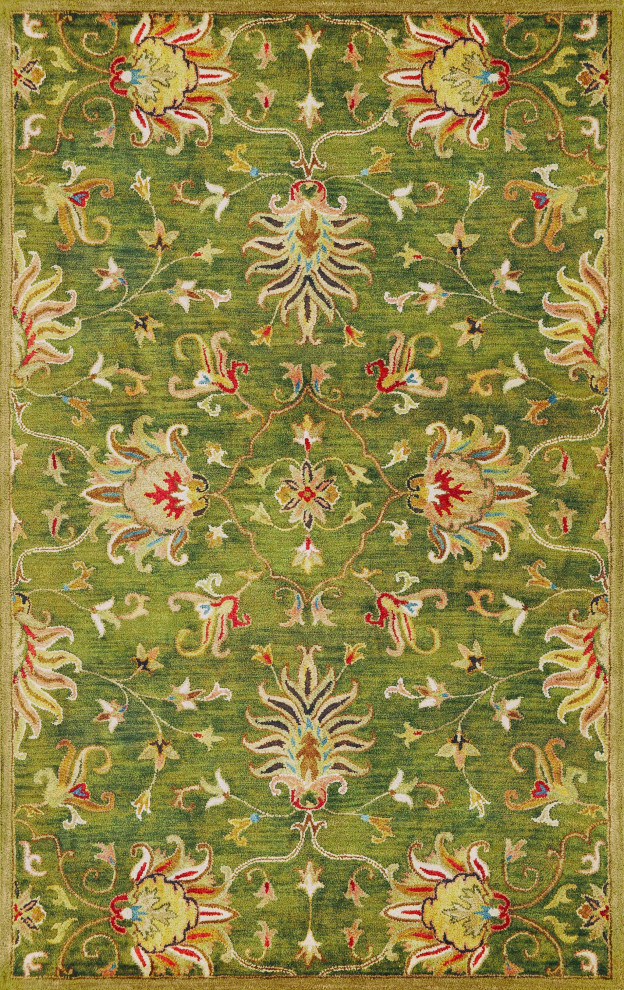 5' x 8' Green and Red Wool Floral Vines Hand Tufted Area Rug ...