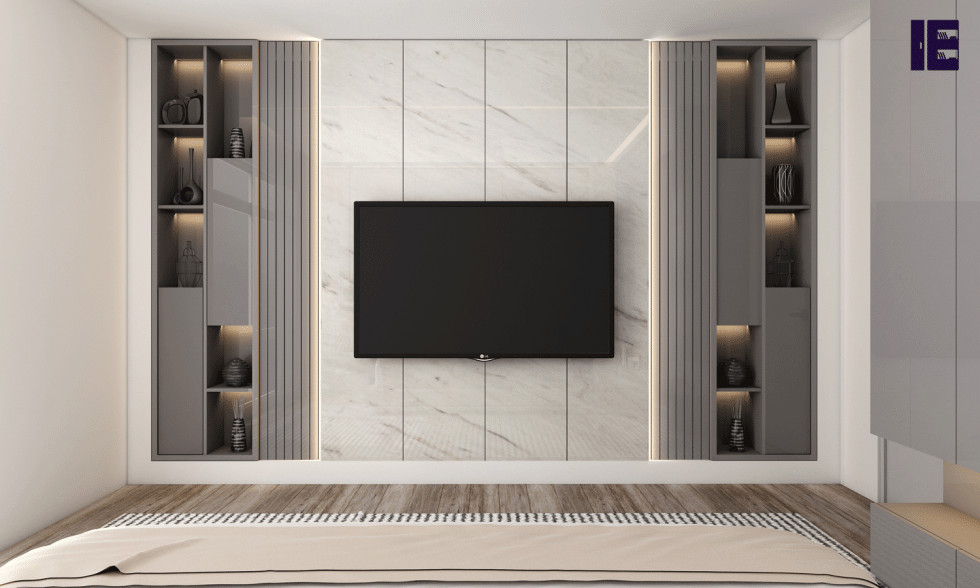 Cette image montre une grande salle de cinéma design ouverte avec un téléviseur fixé au mur.