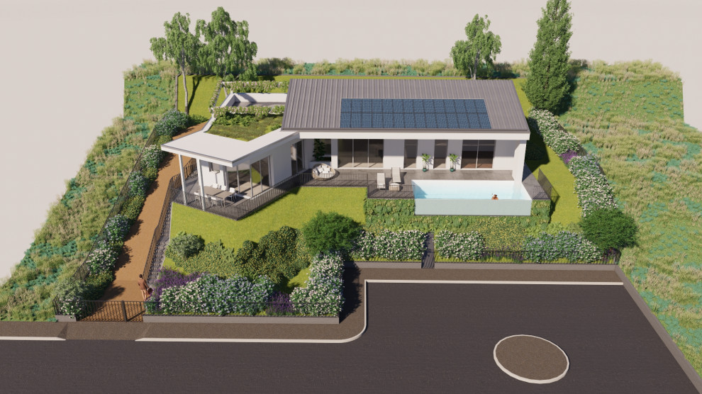 Inspiration pour une grande façade de maison beige design de plain-pied avec un toit à deux pans, un toit végétal et un toit gris.