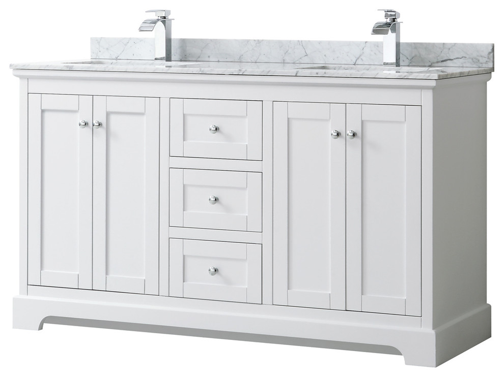 60" Double Bathroom Vanity, White, Carrara Marble Counter, Sinks, No