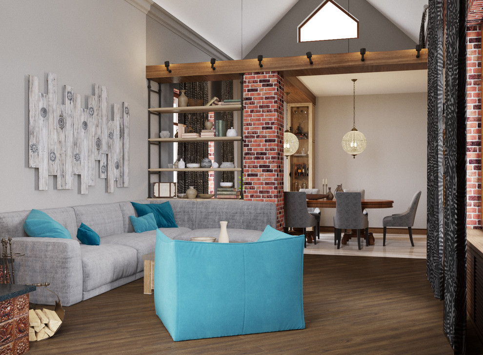 Гостиная с элементами лофта в загородном доме