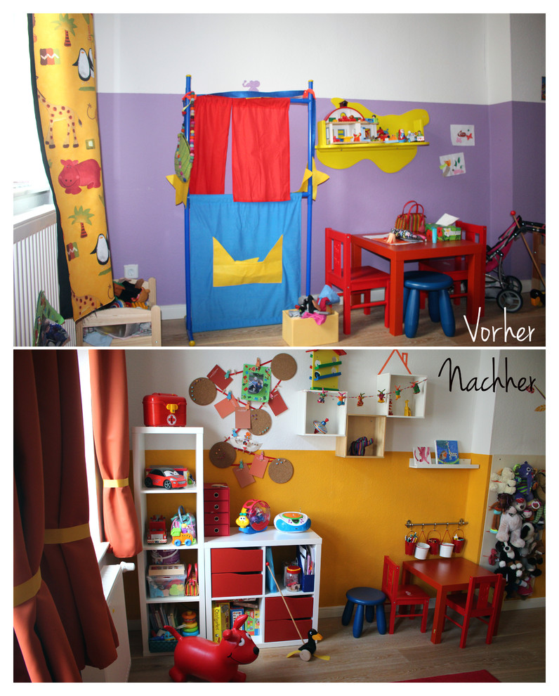 Mittelgroßes, Neutrales Modernes Kinderzimmer mit Spielecke, oranger Wandfarbe, Laminat und braunem Boden in Berlin