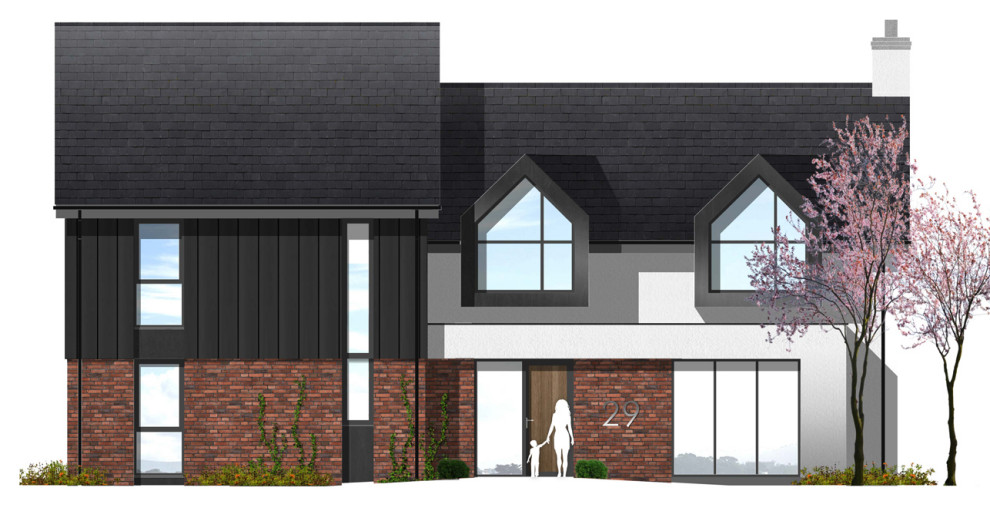 Inspiration för mellanstora moderna grå hus, med två våningar, metallfasad, sadeltak och tak i mixade material
