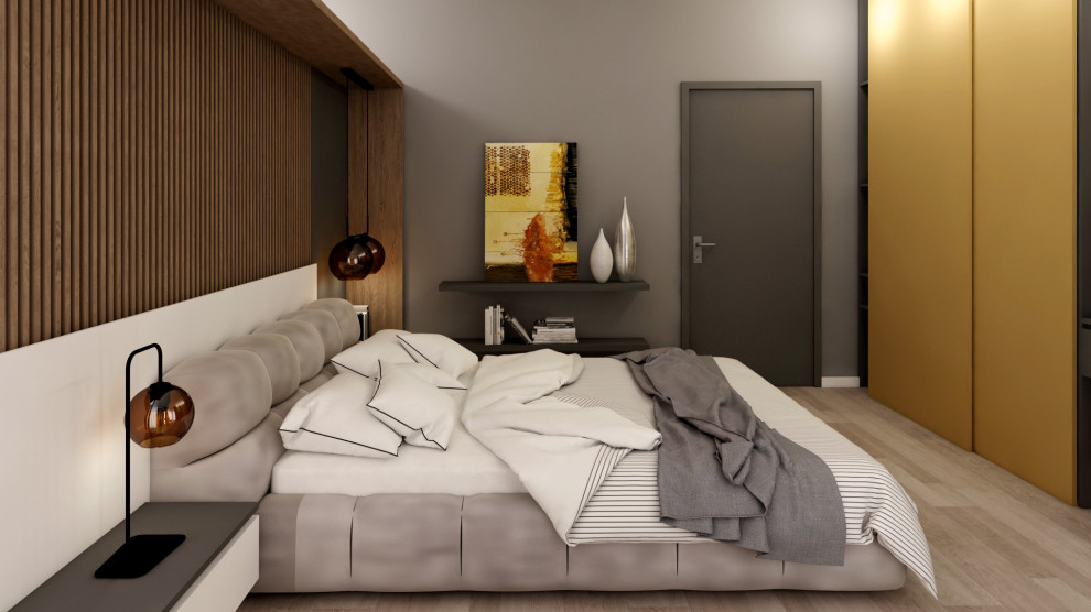 Contemporary master bedroom in Other with white walls and wood walls.