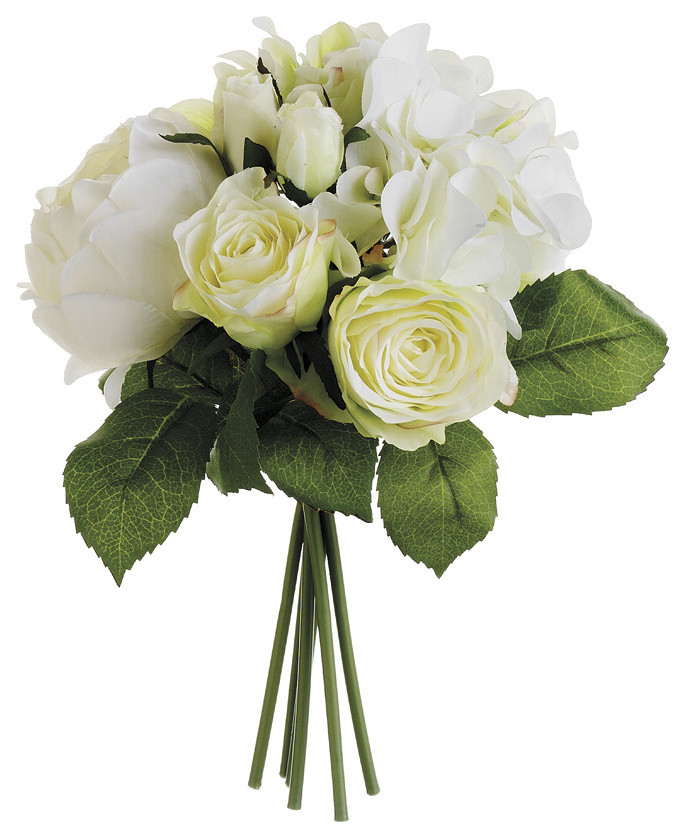 Silk Plants Direct Rose, Hydrangea and Peony Bouquets, Pack of 6, Cream