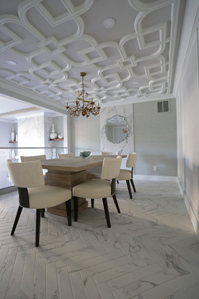 Example of a mid-sized transitional l-shaped marble floor, white floor and exposed beam kitchen design in DC Metro with an undermount sink, shaker cabinets, white cabinets, quartzite countertops, white backsplash, quartz backsplash and stainless steel appliances