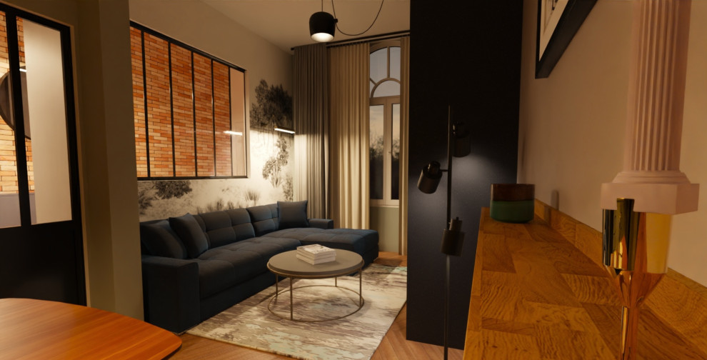 Mittelgroßes, Offenes Industrial Wohnzimmer mit grauer Wandfarbe, braunem Holzboden, Kaminofen, verstecktem TV und Tapetenwänden in Lille