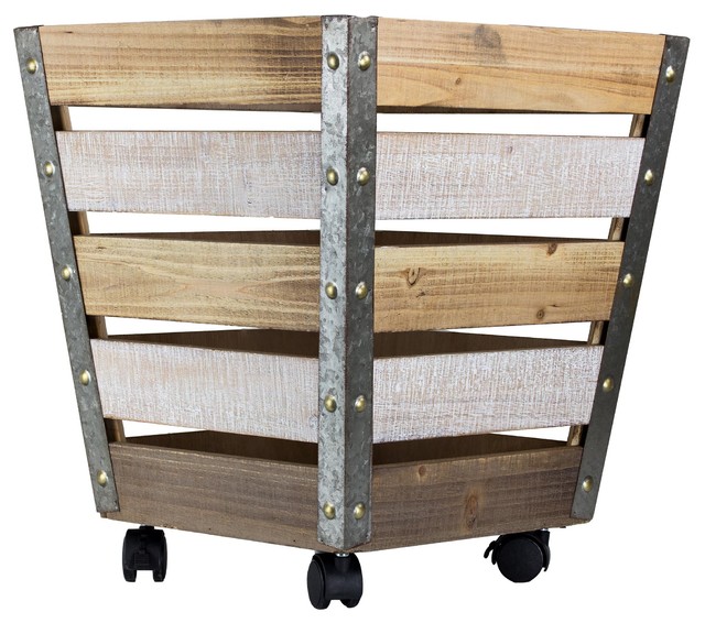 Wood And Metal Storage Crate With, Wooden Storage Bins On Wheels