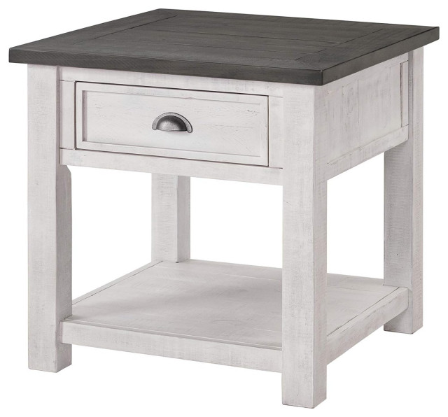 Coastal End Table, Pine Construction & Drawer With Inverted Cup Pull