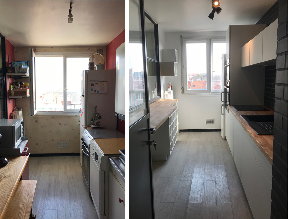 Small contemporary single-wall separate kitchen in Reims with a single-bowl sink, white cabinets, wood benchtops, black splashback, brick splashback, stainless steel appliances, vinyl floors, no island, grey floor and brown benchtop.