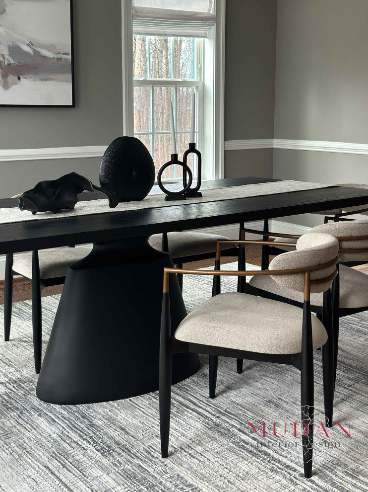 Kitchen/dining room combo - large transitional medium tone wood floor and brown floor kitchen/dining room combo idea with gray walls