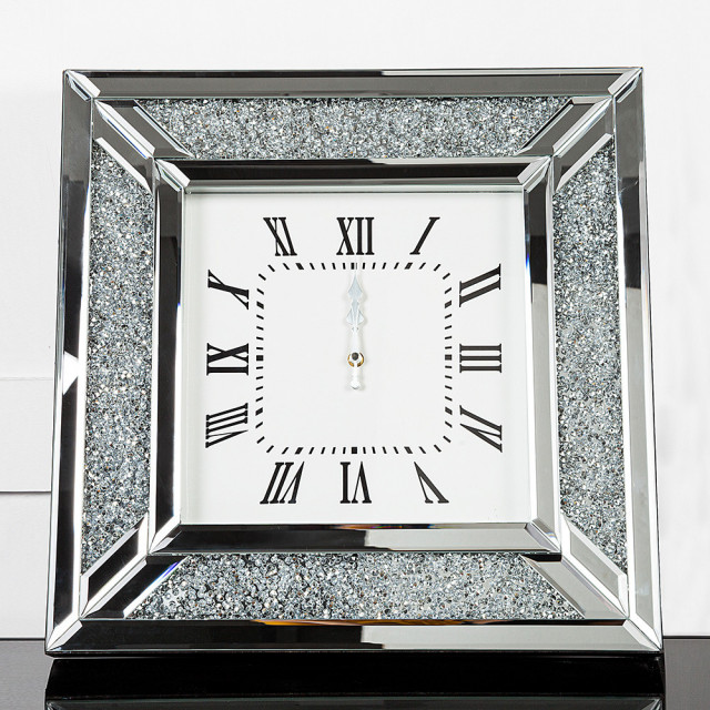 Diamond and Silver Mirrored Square Wall Clock Contemporary Wall