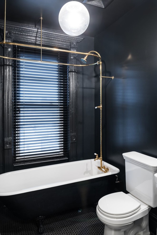 Design ideas for a small traditional 3/4 bathroom in New York with a claw-foot tub, black tile, ceramic tile, black walls, porcelain floors, a two-piece toilet, a shower/bathtub combo, black floor and a shower curtain.