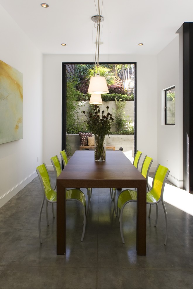Design ideas for a contemporary dining room in San Francisco with white walls.
