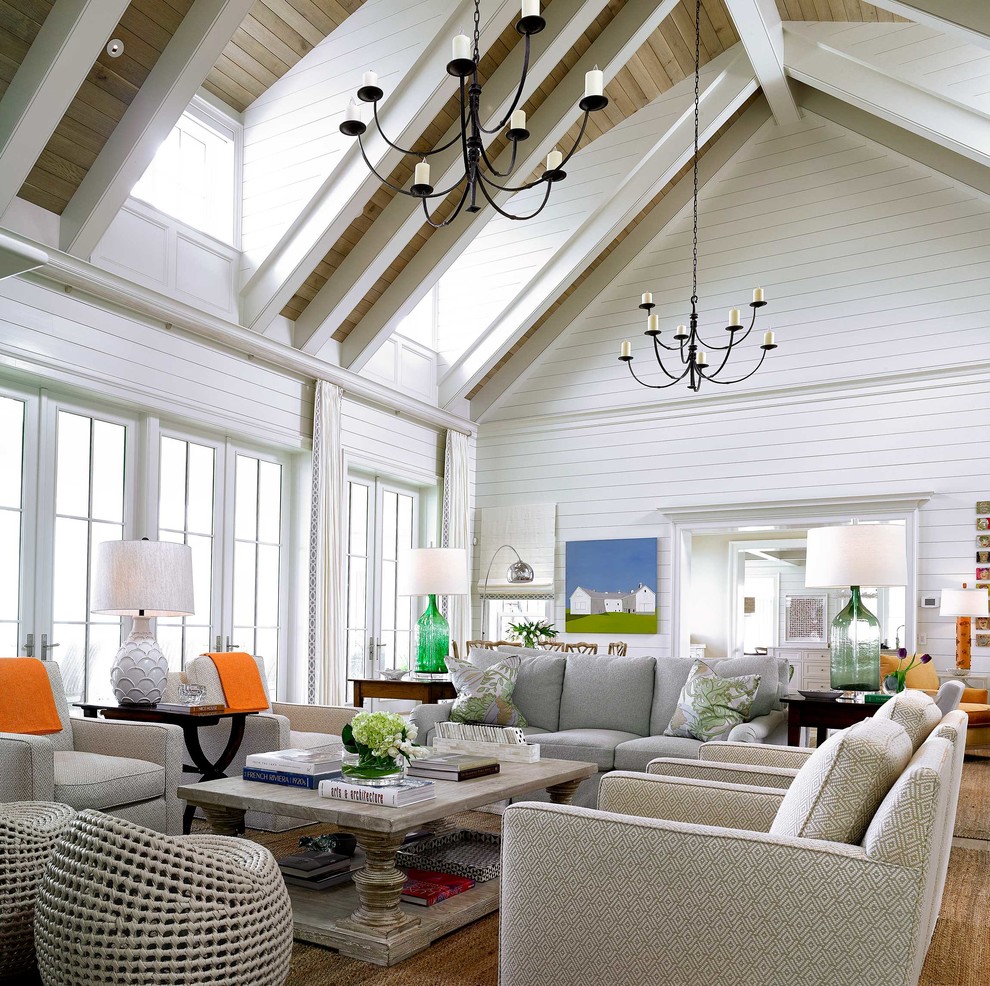 Expansive beach style formal open concept living room in Jacksonville with white walls.